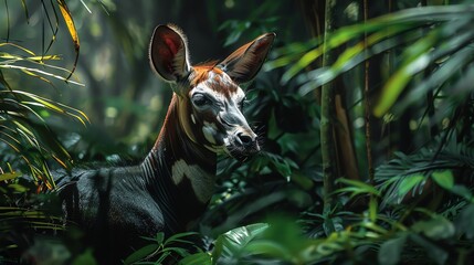 Close-up of a rare Okapi in a dense rainforest setting, highlighting the unique features of this lesser-known exotic mammal - obrazy, fototapety, plakaty
