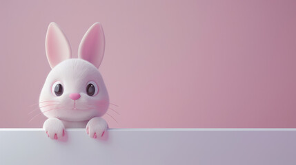 Digital illustration of an adorable pink bunny with large eyes peering over a white edge against a pink background.