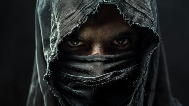 Close-up of a masked bank robber's face, hood casting shadows over his features, set against a stark black background