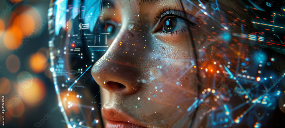 Poster enthralling visual of a human and ai interface, showcasing a blend of human cognition and artificial