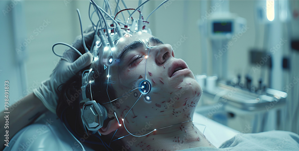 Aufkleber evocative scene of a neuralink device being applied to a volunteer, emphasizing the blend of humanit