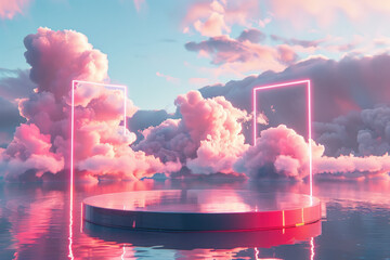 pink clouds in the sky In the style of hyper-realistic sci-fi fantasy, aquamarine, meticulously crafted scenes Minimal circular pedestal with prominent square neon accent lighting behind it.  - obrazy, fototapety, plakaty