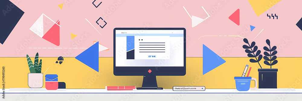 Poster geometric patterned email newsletter templates displayed on a computer screen, accompanied by a blu