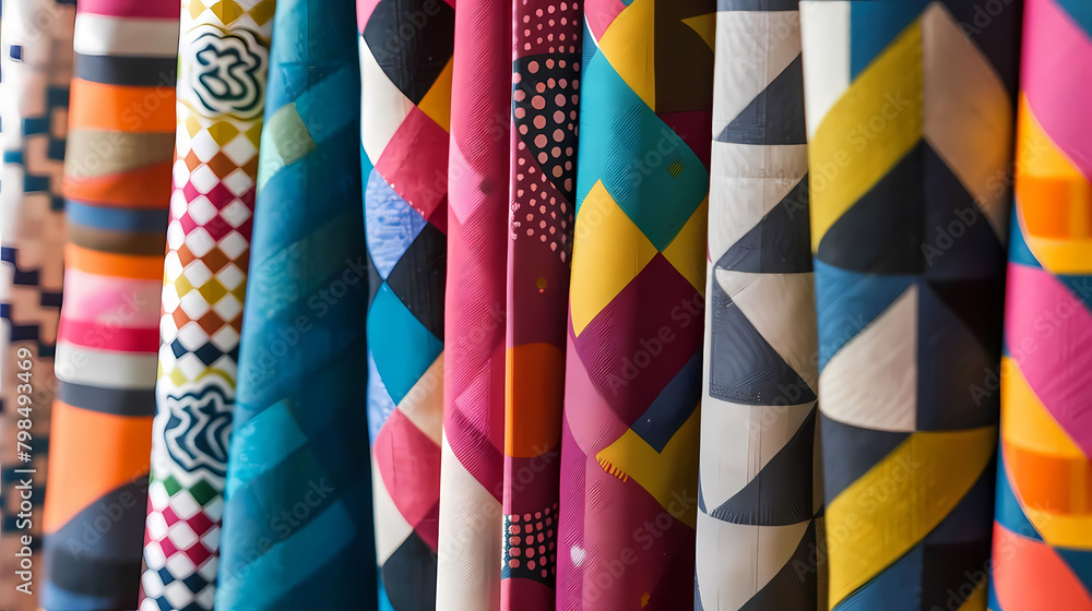 Poster geometric patterned fabric collection displayed in a store, featuring a variety of shapes and sizes