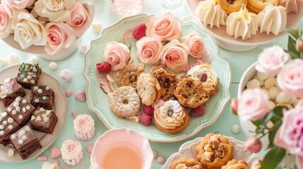 Indulge in a delightful breakfast spread served on a pastel colored tray featuring a bouquet of roses perfect for Valentine s Day or Mother s Day alongside homemade baked treats and candies