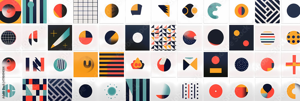 Poster geometric patterned icon set displayed on a white wall with a red circle in the foreground