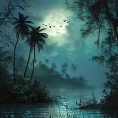 Moonlit Tropical River Scene with Flying Birds

