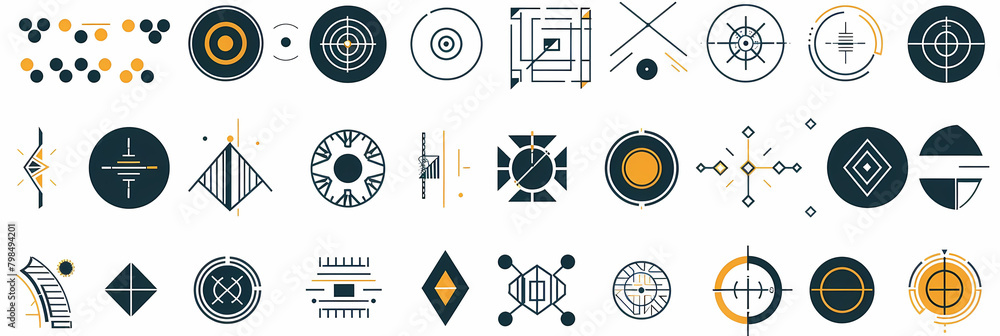 Poster geometric patterned icon set featuring a black clock
