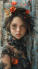 Portrait art of a beautiful girl with red flowers in her hair.