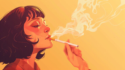 Fototapeta premium Digital art portrait of a woman inhaling from a cigarette, surrounded by a golden haze, capturing a moment of contemplation or addiction.