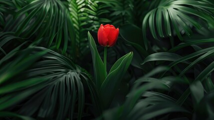 A lone crimson tulip among the greenery