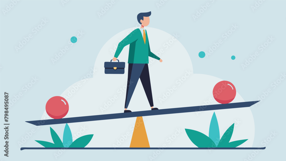 Poster a person standing on a balancing board with one side labeled risk and the other labeled reward demon