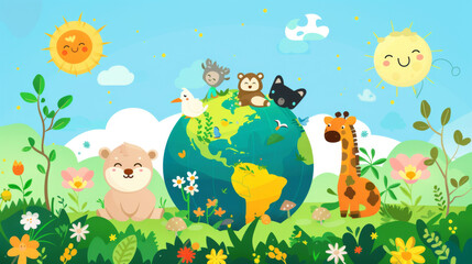 Joyful animated scene of smiling animals on Earth with two suns and a bright, playful background.