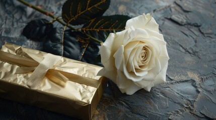 A stunning white rose accompanied by a gilded gift box perfect for Valentine s Day or a wedding