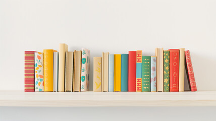 A neat row of colorful, assorted books standing on a shelf against a white background.