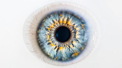 Close-up of a human eye with detailed iris patterns and visible blood vessels on a white background.