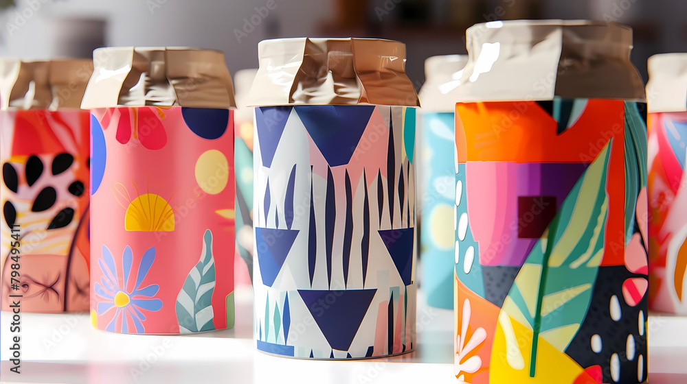 Poster geometric patterned packaging labels displayed on a transparent background with a vase in the backg