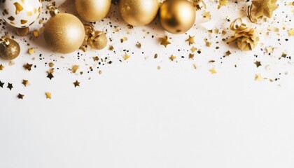 'confetti top Christmas lay white background. Golden view space Flat decorations modern copy composition. abstract sparkle yellow texture shiny party invitation wedding birthday glistering gold conf'