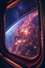 Experience the magnificent sight of a space station window, revealing a sprawling galaxy filled with twinkling stars and distant celestial objects, creating a mesmerizing cosmic tableau.