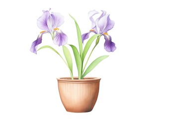 A watercolor painting of two purple irises in a brown flower pot.