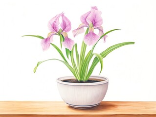 A watercolor painting of two purple irises in a white bowl on a wooden table.