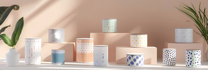 geometric patterned product mockup templates displayed on a white shelf adorned with white vases, a