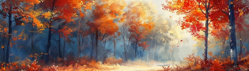Artwork depicting a stunning fall woodland landscape, drawing.
