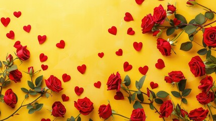 A festive Valentine s Day backdrop featuring vivid red roses and heart motifs set against a sunny yellow canvas