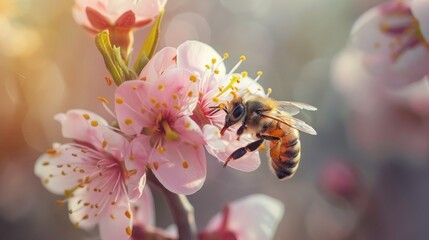 Attractive apricot flower attracts bee for pollen collection