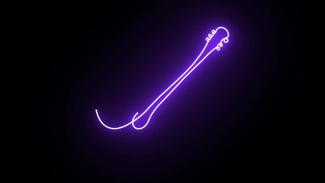 Neon guitar sign. String musical instruments. Music concept. School Music Band Glowing Icon. Guitar neon line isolated on black background. Acoustic guitar. Video motion graphic animation. Line art.
