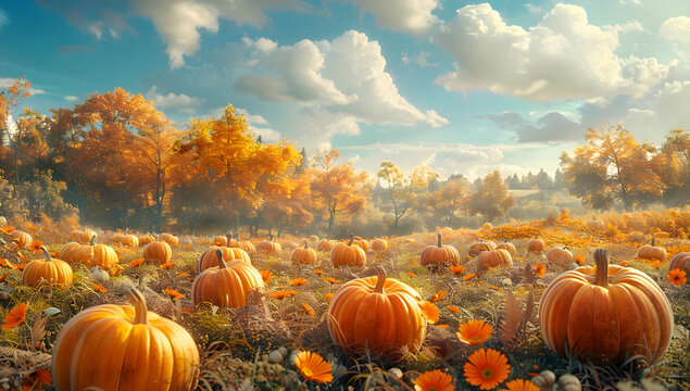Sunny autumn day at the pumpkin patch, beautiful fall scene with colorful foliage. Perfect for seasonal and agricultural use.