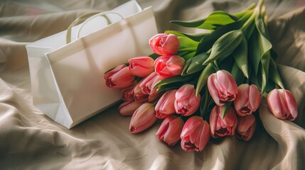 A bunch of vibrant pink tulips rests elegantly on a soft beige cloth next to a pristine white gift bag setting the perfect Valentine s Day scene