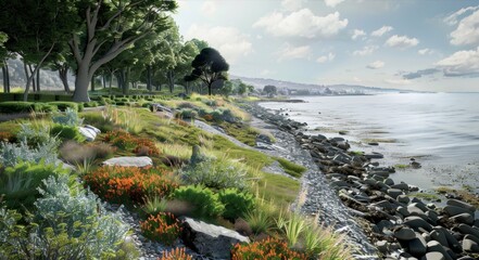 A digital rendering of a coastal region showcasing innovative techniques for controlling erosion and restoring native vegetation..