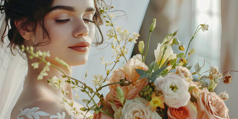 beautiful bride holding a wedding bouquet of flowers, generative AI