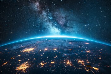 A beautiful image of our planet as seen from the cosmos, highlighting the twinkling city lights spread out across the various continents in the darkness.