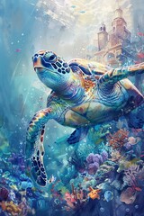 An imaginative painting illustrates a charming sea turtle swimming through a bustling underwater metropolis featuring a blend of classical Italian structures and colorful ocean creatures.