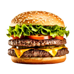 Beef burger, tasty hamburger with onion and tomato on a transparent background