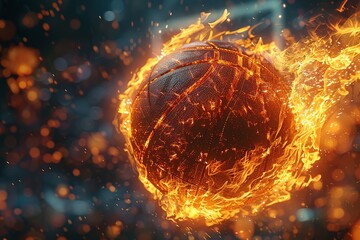 A basketball ball is ablaze with flames in the stadium generated by artificial intelligence.