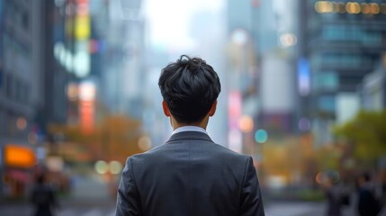 Future Crossroads: Young Japanese Businessman Amidst Skyscrapers, Reflecting on Career Paths and Uncertain Futures