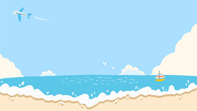 Summer sea, bright background with blue sky and beach, airplane and contrail, cute hand drawn illustration / 夏の海、青空とビーチの明るい背景、飛行機と飛行機雲、かわいい手描きイラスト