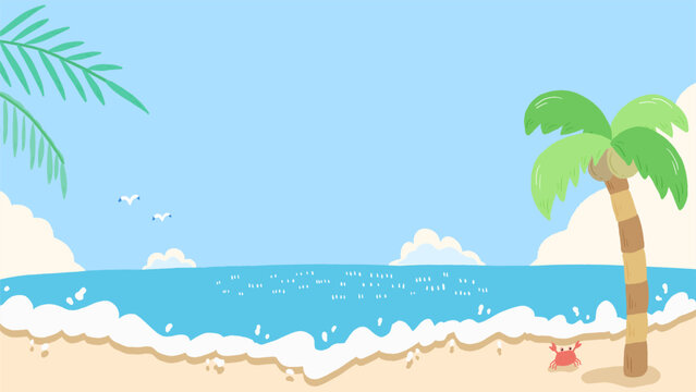 Summer sea, blue sky and beach bright background, cute hand drawn illustration / 夏の海、青空とビーチの明るい背景、かわいい手描きイラスト