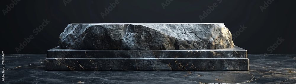 Poster a picture of a stone cube platform in a deep black setting, great for displaying products. created u