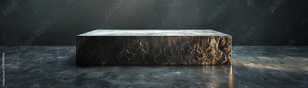 Poster a picture of a stone cube platform in a deep black setting, great for displaying products. created u
