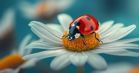 Fototapeta premium Macro Shot of Ladybug on a White Daisy Against a Blue Background