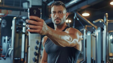 Fototapeta na wymiar Gym, social media and fitness influencer with phone live streaming workout for interactive multimedia broadcast. Vlog, man filming arm exercise and training coach video recording online blog.