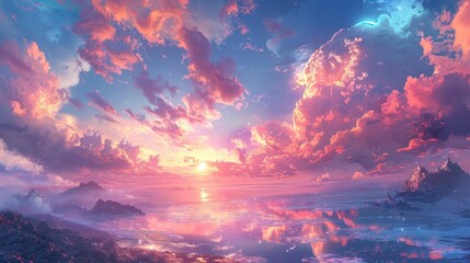 Fototapeta premium Narratives unfold in settings where the digital realm converges with the horizon.