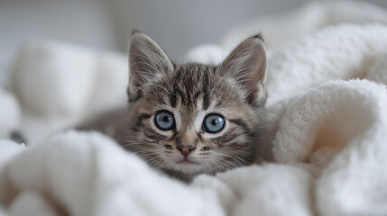 Obraz premium Adorable Blue-Eyed Kitten Relaxing in Soft White Blanket