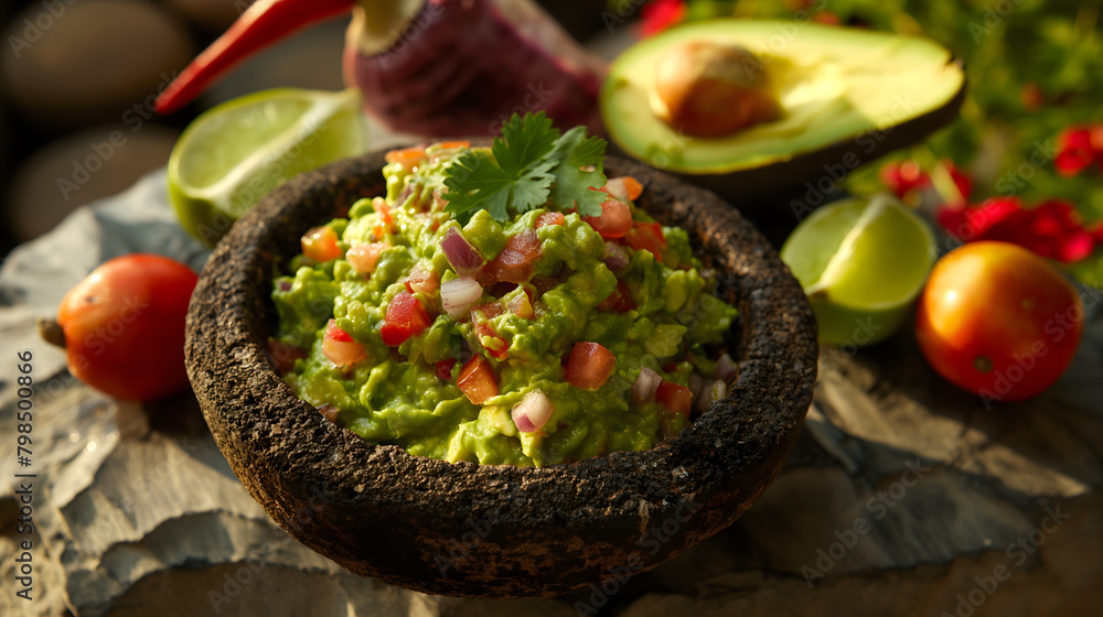 Poster Steamy Fresh Guacamole in a Stone Bowl with Tortilla Chips