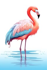 Fototapeta premium Flamingo Pink flamingo on a light blue reflective water surface hand drawing cute owl isolated on white background