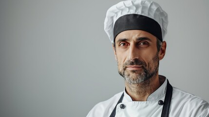 A young European chef in a crisp white and black chef's uniform. Accented with a traditional chef's...